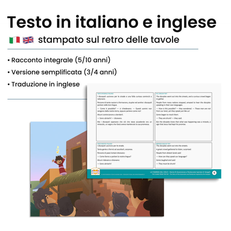 Kamishibai: Retro tavole La Fiamma dal Cielo Storia di Ascensione e Pentecoste ispirata ai Vangeli con testo bilingue italiano inglese.