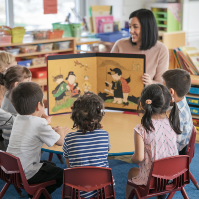 an inclusive classroom with children of various abilities, including those with special educational needs, interacting with Kamishibai storytelling. Kamishibai per bambini con BES