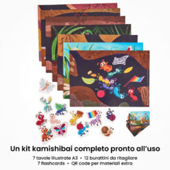 Kamishibai: contenuto del set Formiche in Fila: tavole A3, burattini e flashcards.
