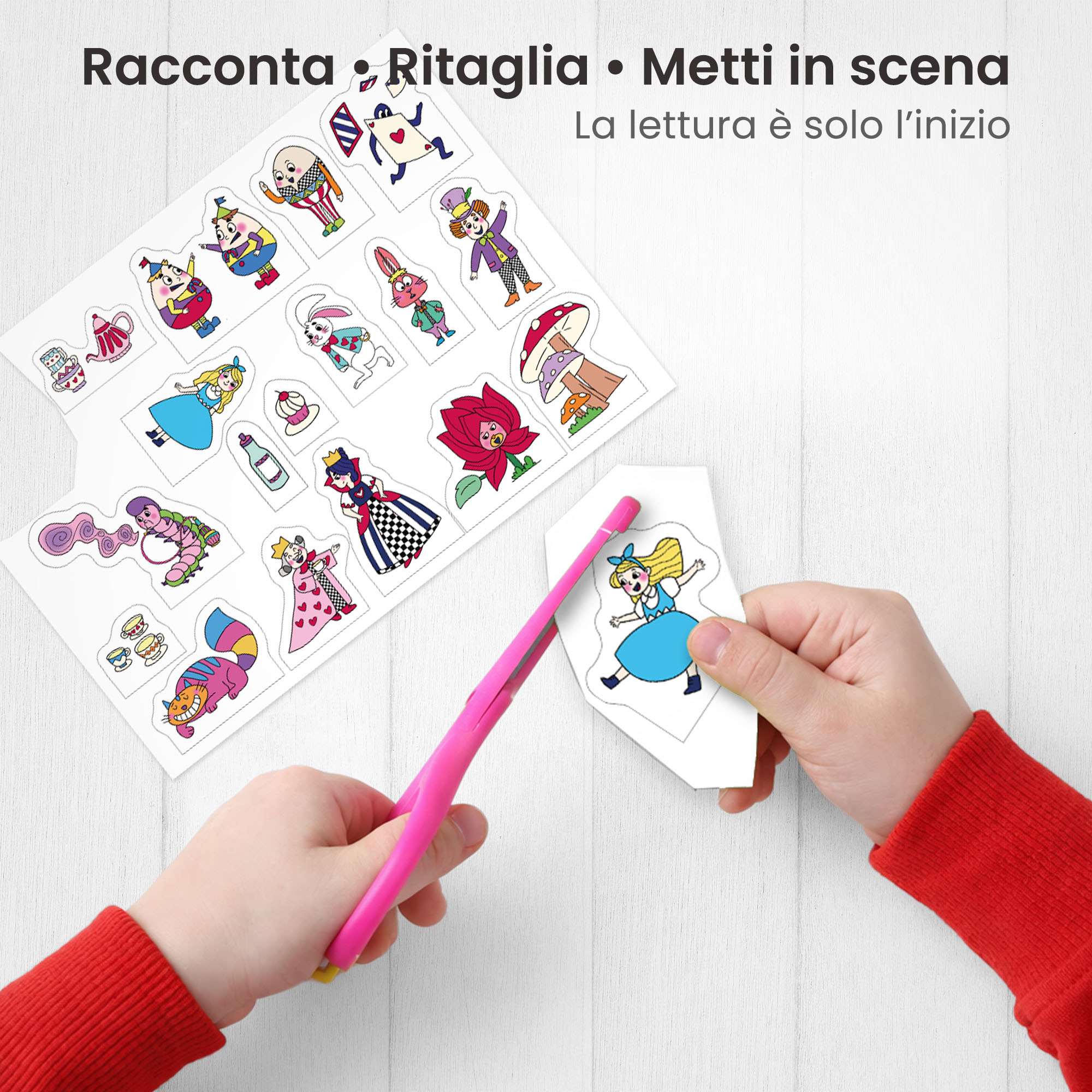 Kamishibai: Ritaglio burattini dei personaggi della storia Alice nel Paese delle Meraviglie, Giù Giù Giù nella Tana del Coniglio.