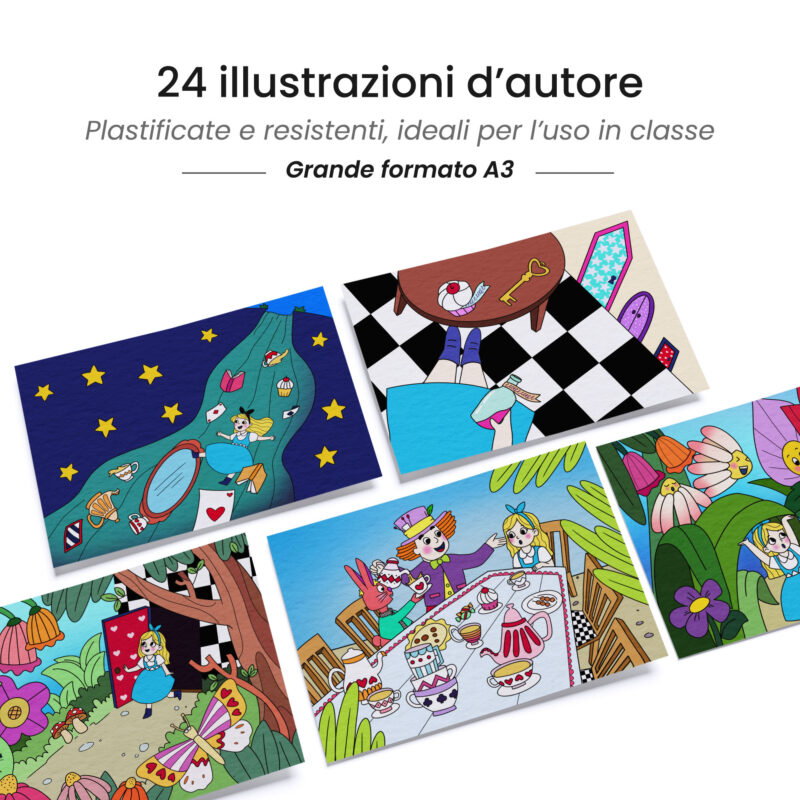 Kamishibai: tavole A3 illustrate per storia Kamishibai Alice nel Paese delle Meraviglie, Giù Giù Giù nella Tana del Coniglio.