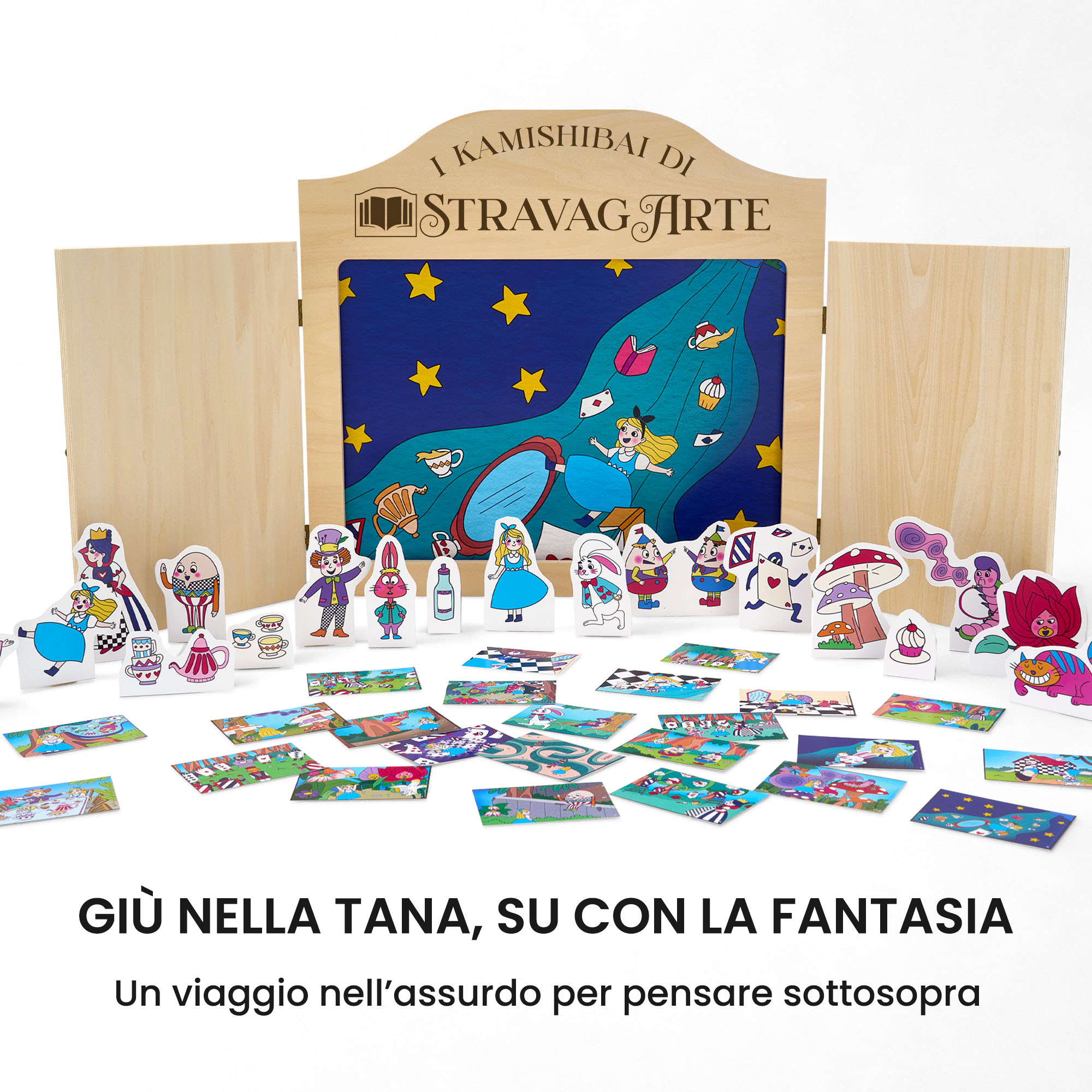 Kamishibai kit Alice nel Paese delle Meraviglie, Giù Giù Giù nella Tana del Coniglio con burattini e teatrino butai A3 StravagArte.