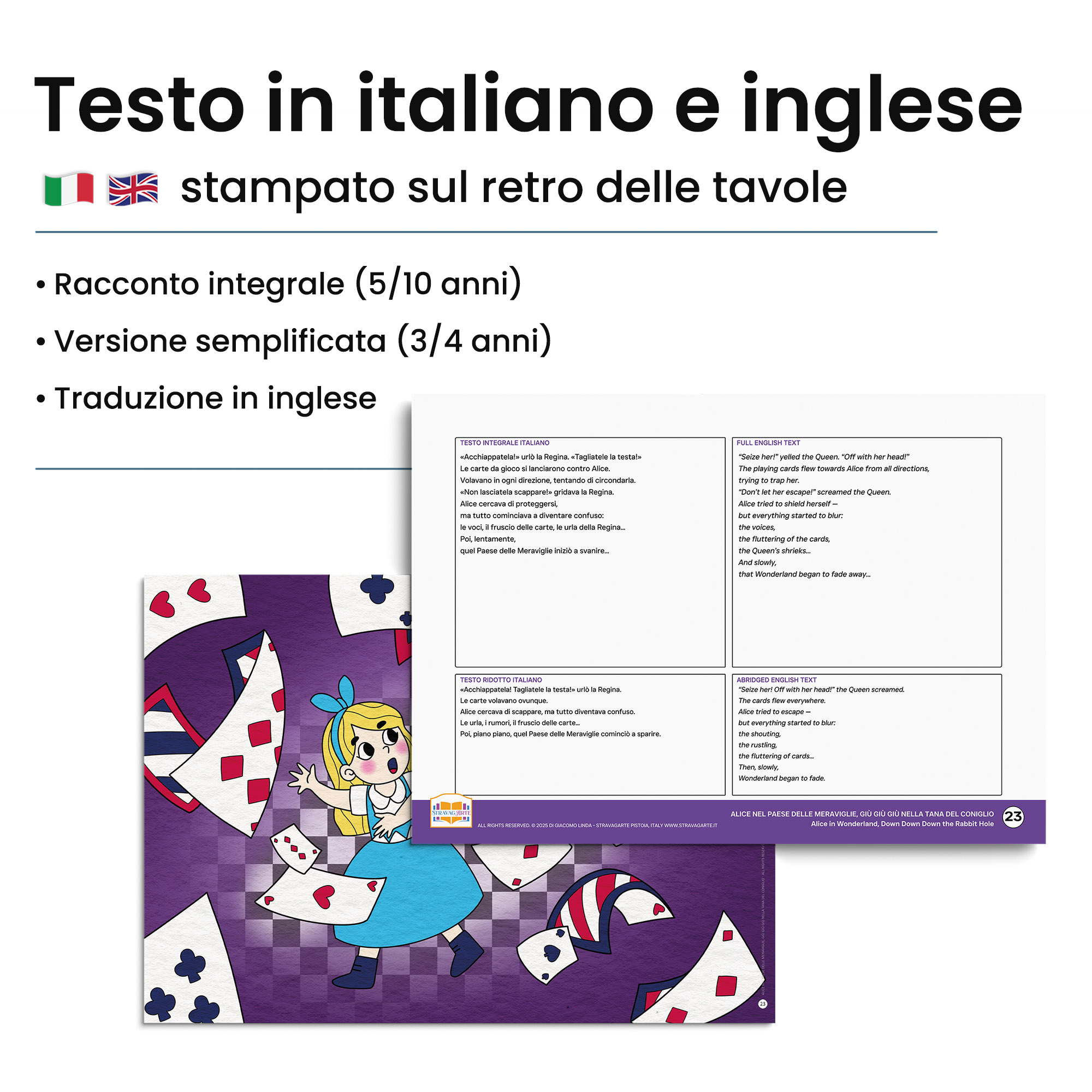 Kamishibai: Retro tavole Alice nel Paese delle Meraviglie, Giù Giù Giù nella Tana del Coniglio con testo bilingue italiano inglese.
