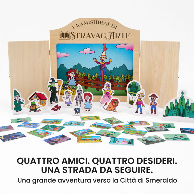 Kamishibai kit Il Mago di Oz: Viaggio oltre l’Arcobaleno con burattini e teatrino butai A3 StravagArte.