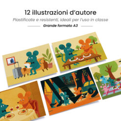 Kamishibai: tavole A3 illustrate per storia Kamishibai Il Topo di Qui e il Topo di Là – Una Storia a Metà Strada.
