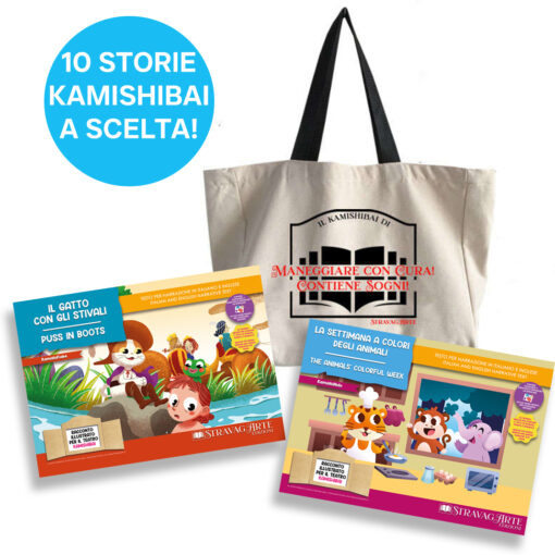 Pacchetto Kamishibai economico con 10 storie a scelta e borsa Kamishibag A3 in cotone porta teatrino, ideale per educatori e attività in classe – StravagArte