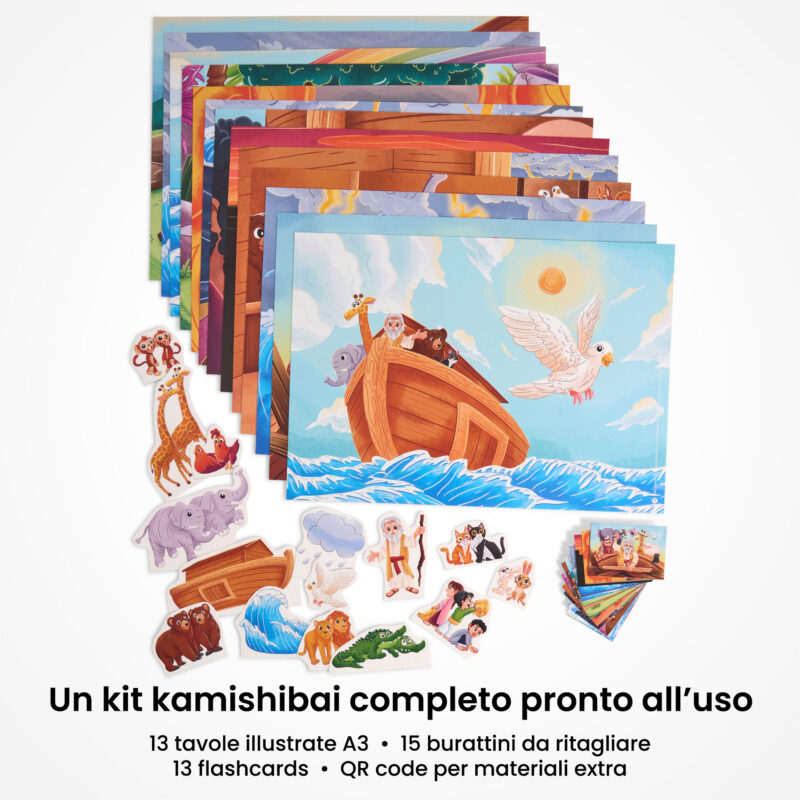 Kamishibai: contenuto del set L’Arca di Noè - Una Storia Biblica di Pioggia, Animali e Arcobaleni: tavole A3, burattini e flashcards.