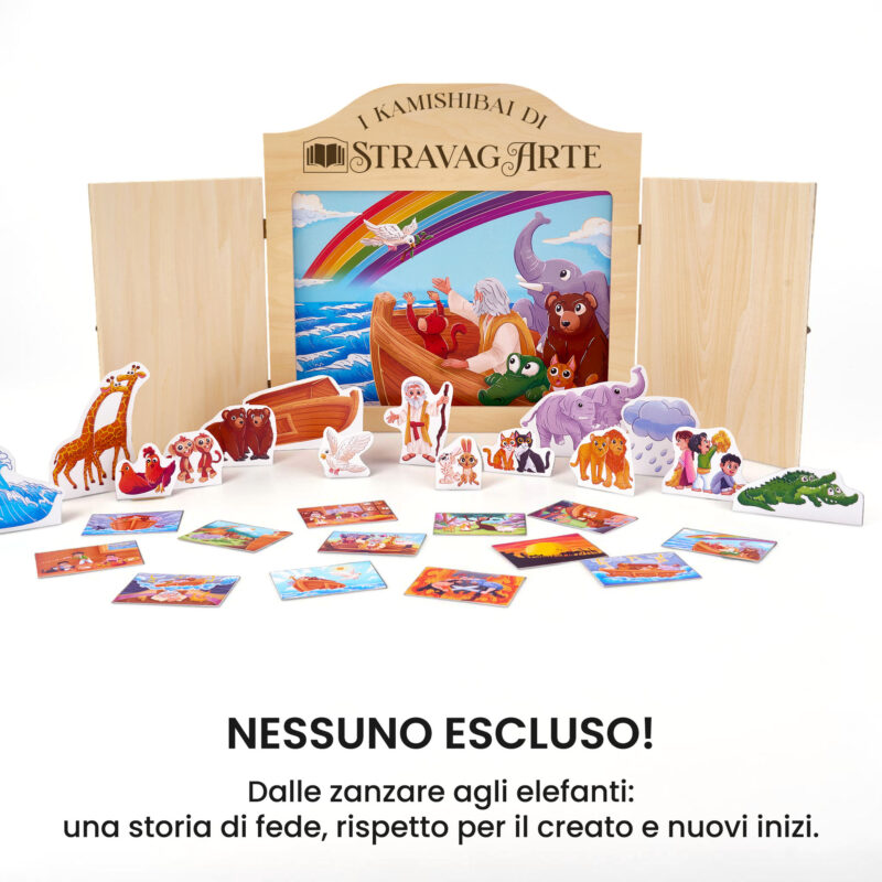Kamishibai kit L’Arca di Noè - Una Storia Biblica di Pioggia, Animali e Arcobaleni con burattini e teatrino butai A3 StravagArte.