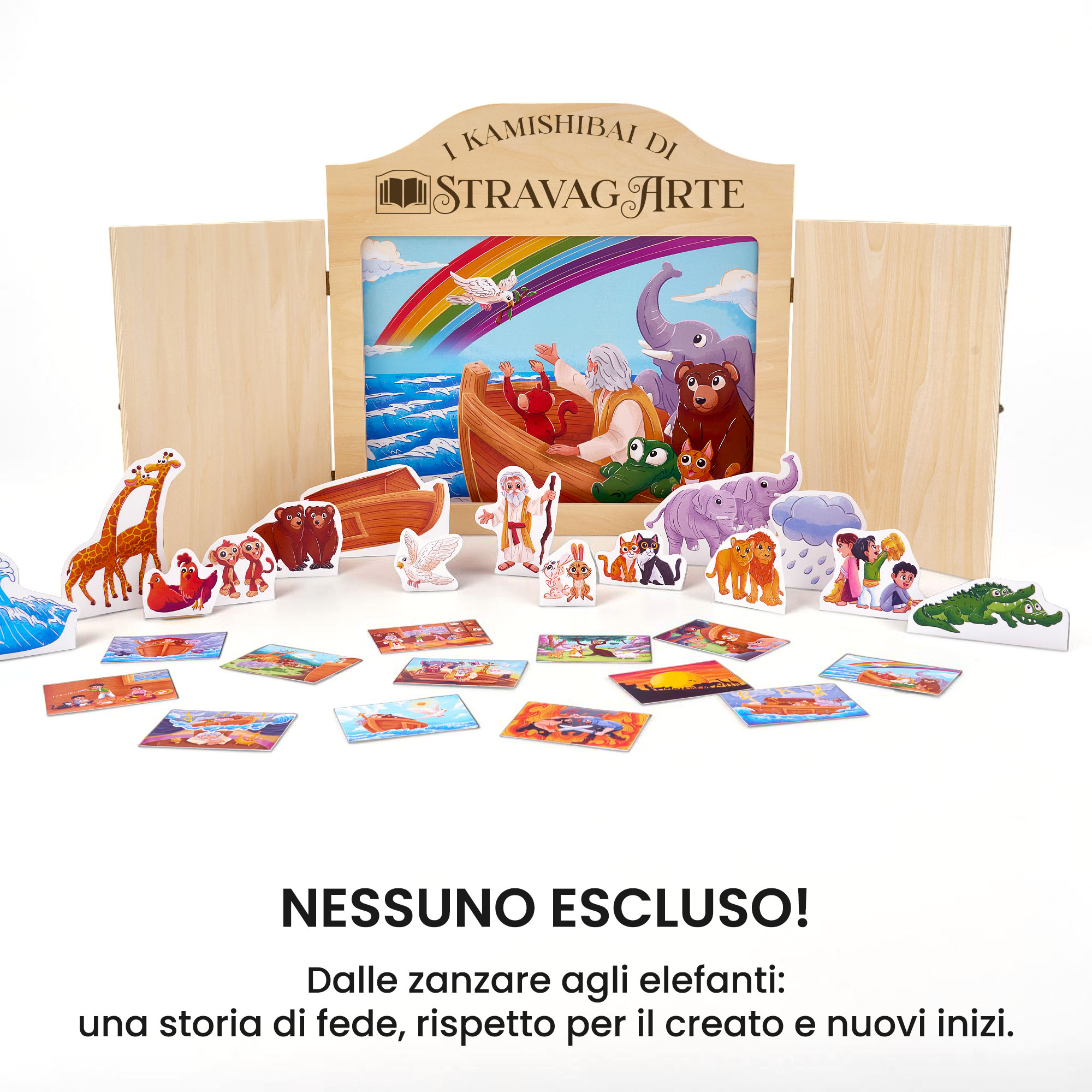 Kamishibai kit L’Arca di Noè - Una Storia Biblica di Pioggia, Animali e Arcobaleni con burattini e teatrino butai A3 StravagArte.