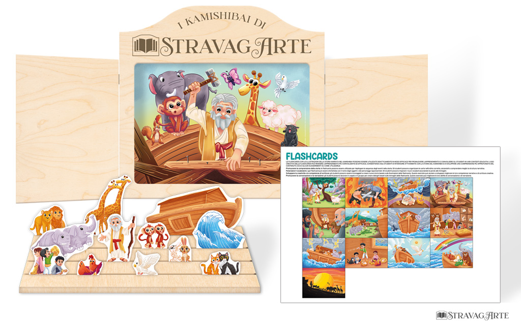L'Arca di Noè - storia kamishibai bilingue di StravagArte - racconto biblico illustrato per bambini - contenuto della confezione kamishibai