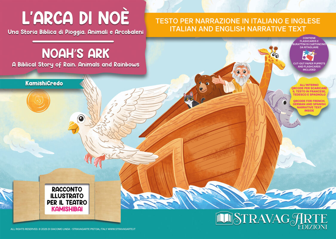 L'Arca di Noè - storia kamishibai bilingue di StravagArte - racconti biblici illustrati per bambini. Copertina fronte.