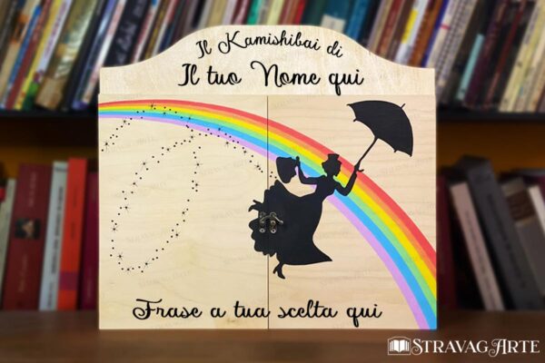 Teatrino kamishibai personalizzabile A3 in legno di StravagArte, perfetto per regalo maestre e materiale didattico. Anche con carta docente. 