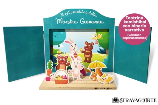 Teatrino kamishibai personalizzabile A3 in legno di StravagArte, perfetto per regalo maestre e materiale didattico. Anche con carta docente. colore TURCHESE. Con binario narrativo.