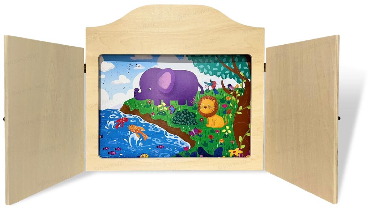 Teatrino Kamishibai in legno non trattato StravagArte aperto, formato A3 con manuale illustrato incluso