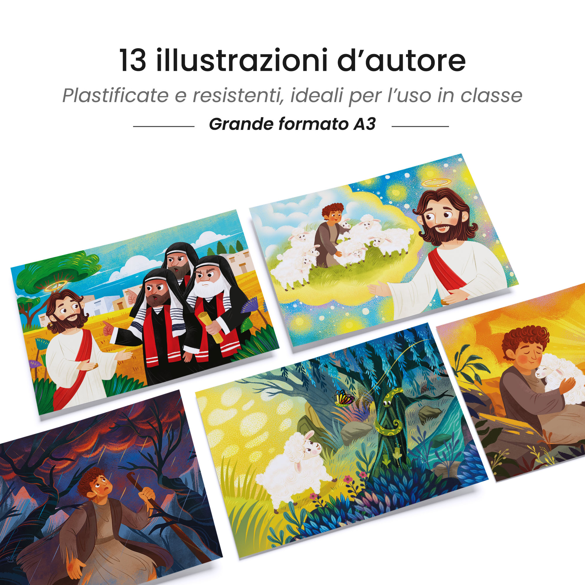 Kamishibai: tavole A3 illustrate per storia Kamishibai LA PARABOLA DELLA PECORELLA SMARRITA - Un Racconto Ispirato ai Vangeli.
