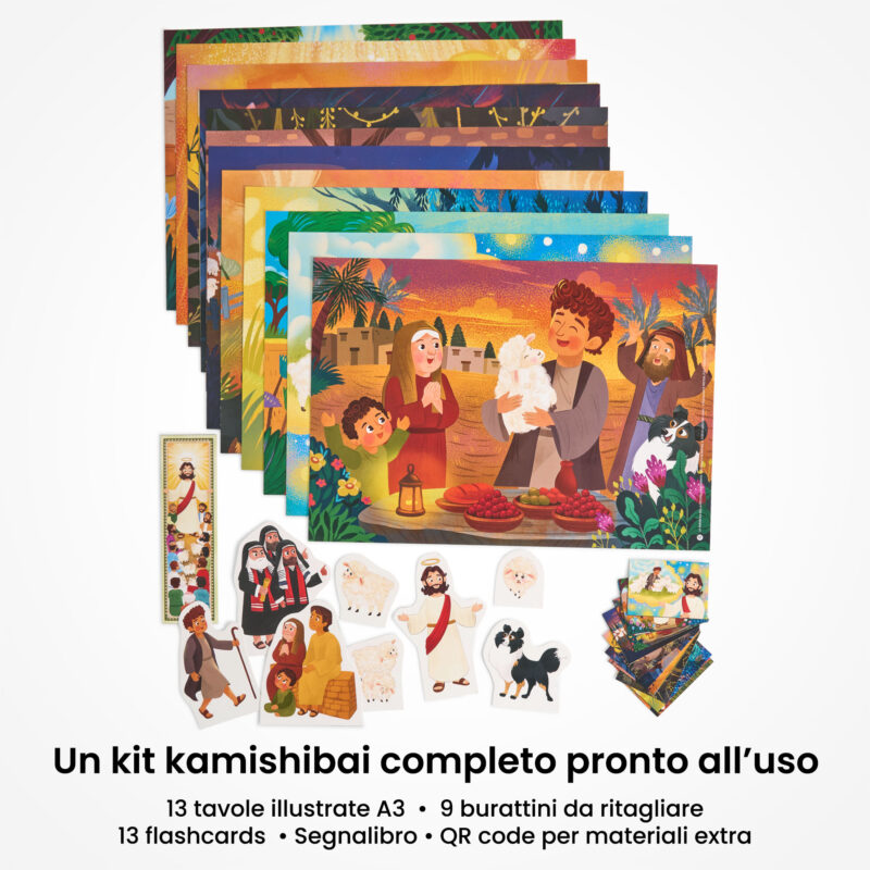 Kamishibai: contenuto del set LA PARABOLA DELLA PECORELLA SMARRITA - Un Racconto Ispirato ai Vangeli: tavole A3, burattini e flashcards.