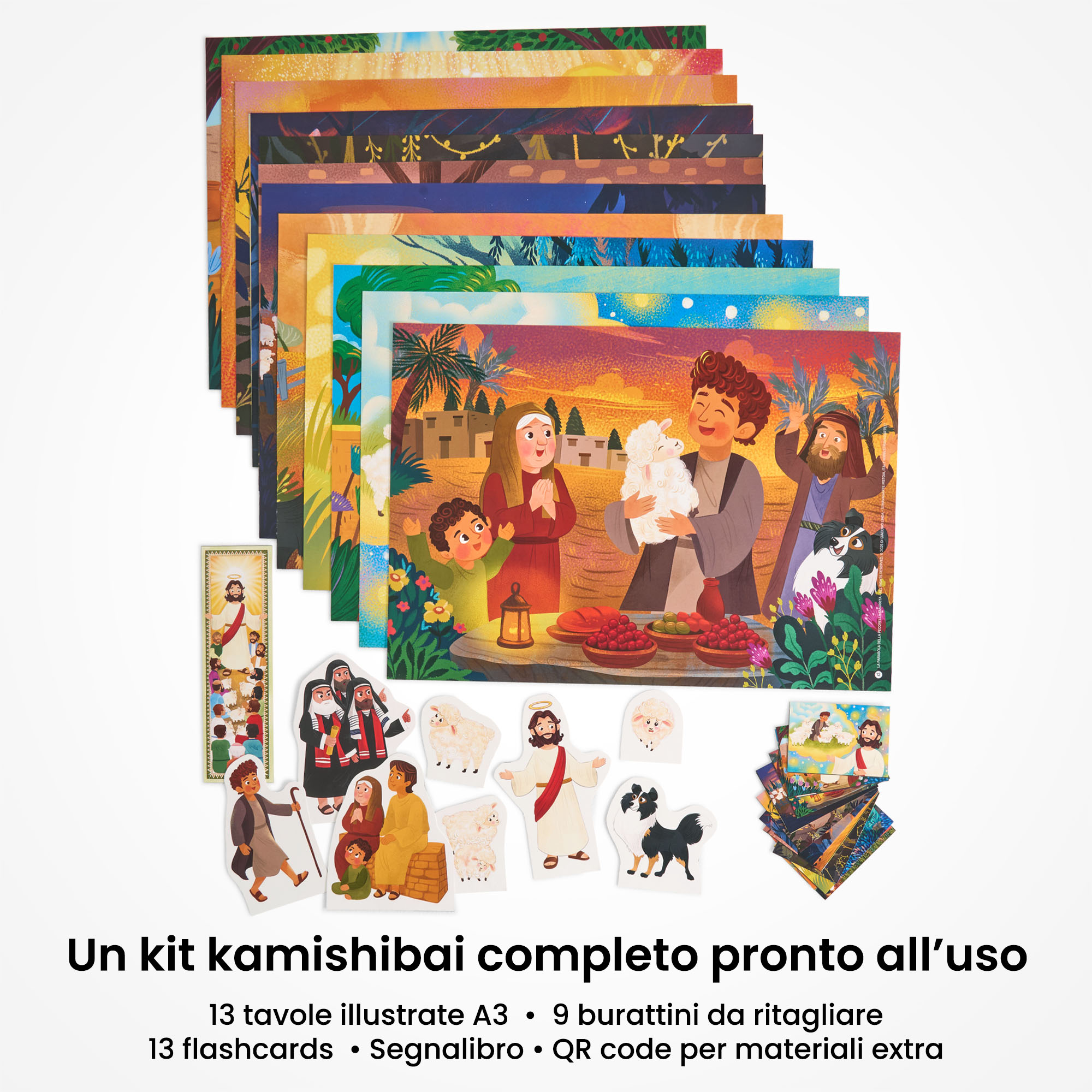 Kamishibai: contenuto del set LA PARABOLA DELLA PECORELLA SMARRITA - Un Racconto Ispirato ai Vangeli: tavole A3, burattini e flashcards.