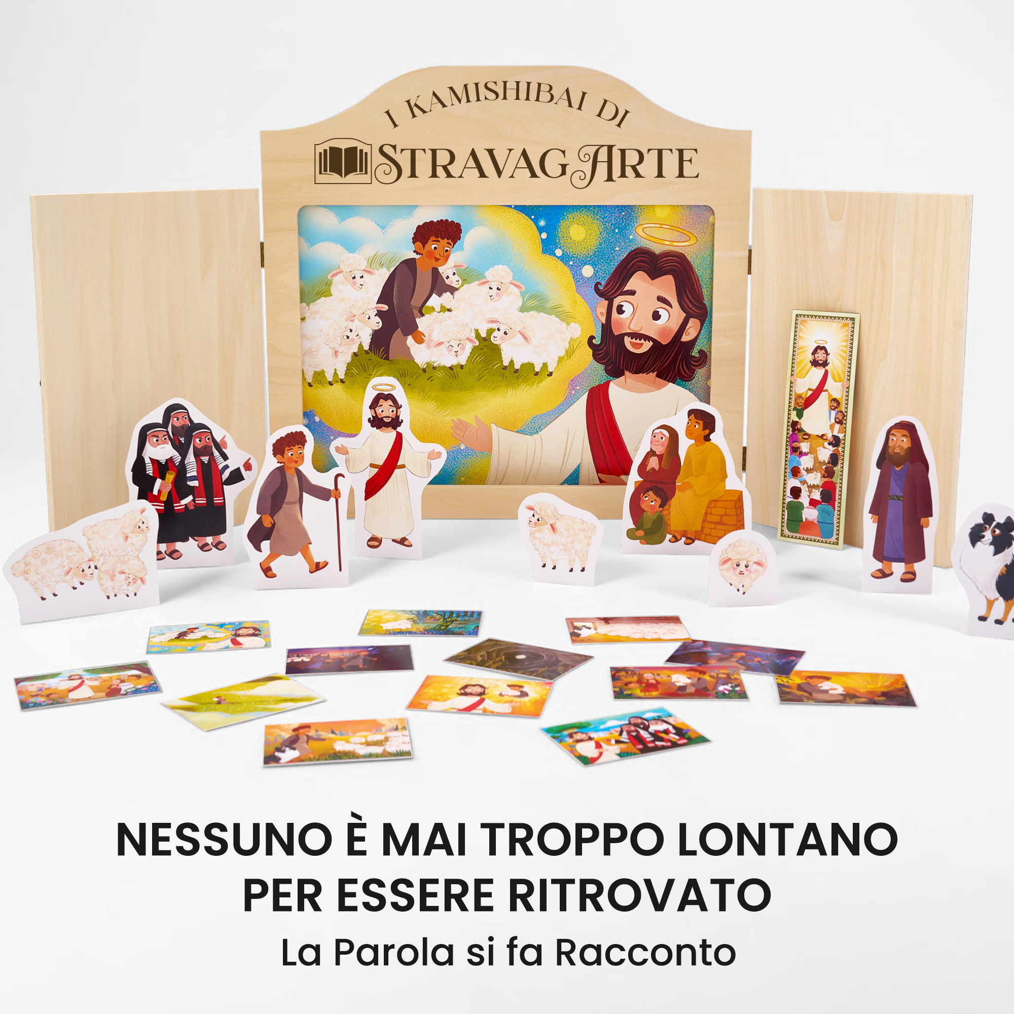 Kamishibai kit LA PARABOLA DELLA PECORELLA SMARRITA - Un Racconto Ispirato ai Vangeli con burattini e teatrino butai A3 StravagArte.