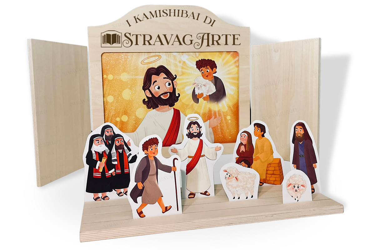La parabola della pecorella smarrita - storia kamishibai bilingue di Stravagarte - teatrino kamishibai, burattini e binario narrativo