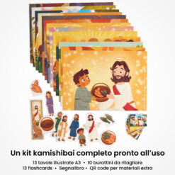 Kamishibai: contenuto del set La Moltiplicazione dei Pani e dei Pesci - Un Racconto Ispirato ai Vangeli: tavole A3, burattini e flashcards.