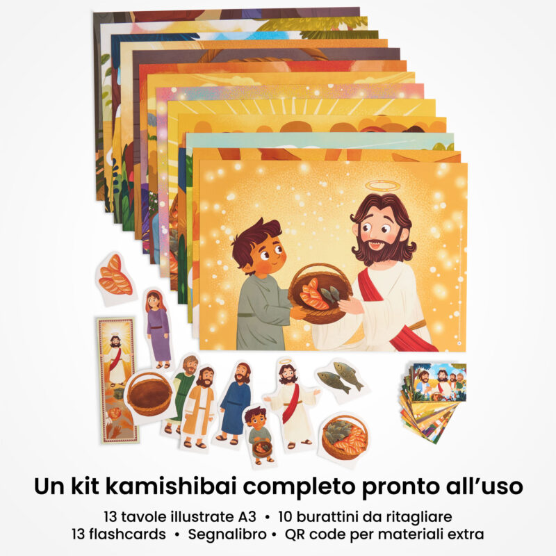 Kamishibai: contenuto del set La Moltiplicazione dei Pani e dei Pesci - Un Racconto Ispirato ai Vangeli: tavole A3, burattini e flashcards.