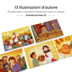 Kamishibai: tavole A3 illustrate per storia Kamishibai La Moltiplicazione dei Pani e dei Pesci - Un Racconto Ispirato ai Vangeli.