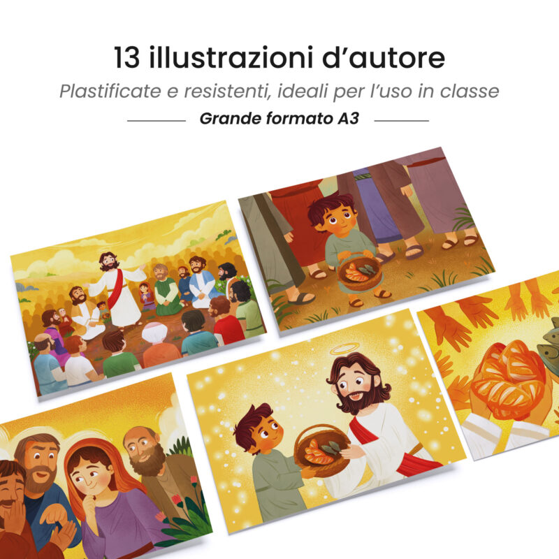 Kamishibai: tavole A3 illustrate per storia Kamishibai La Moltiplicazione dei Pani e dei Pesci - Un Racconto Ispirato ai Vangeli.