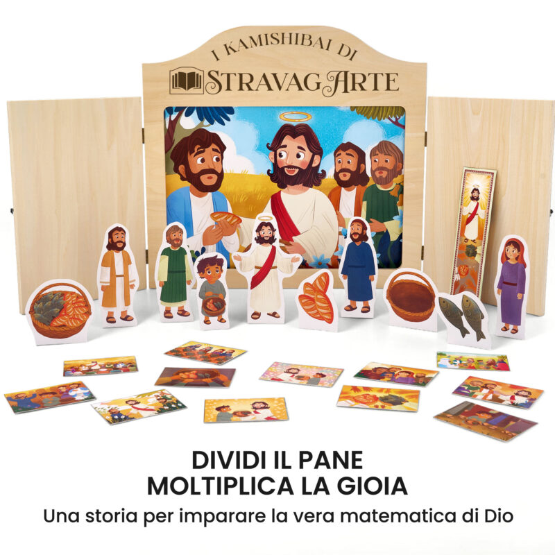 Kamishibai kit La Moltiplicazione dei Pani e dei Pesci - Un Racconto Ispirato ai Vangeli con burattini e teatrino butai A3 StravagArte.