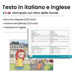 Kamishibai: Retro tavole La Gigantesca Montagna di Niente con testo bilingue italiano inglese.