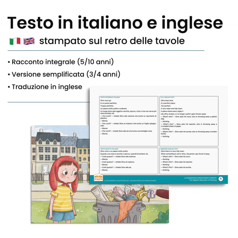 Kamishibai: Retro tavole La Gigantesca Montagna di Niente con testo bilingue italiano inglese.
