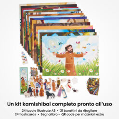 Kamishibai: contenuto del set San Francesco, il Fratello di Tutti - Racconto della Vita Ispirato alle Fonti Francescane: tavole A3, burattini e flashcards.