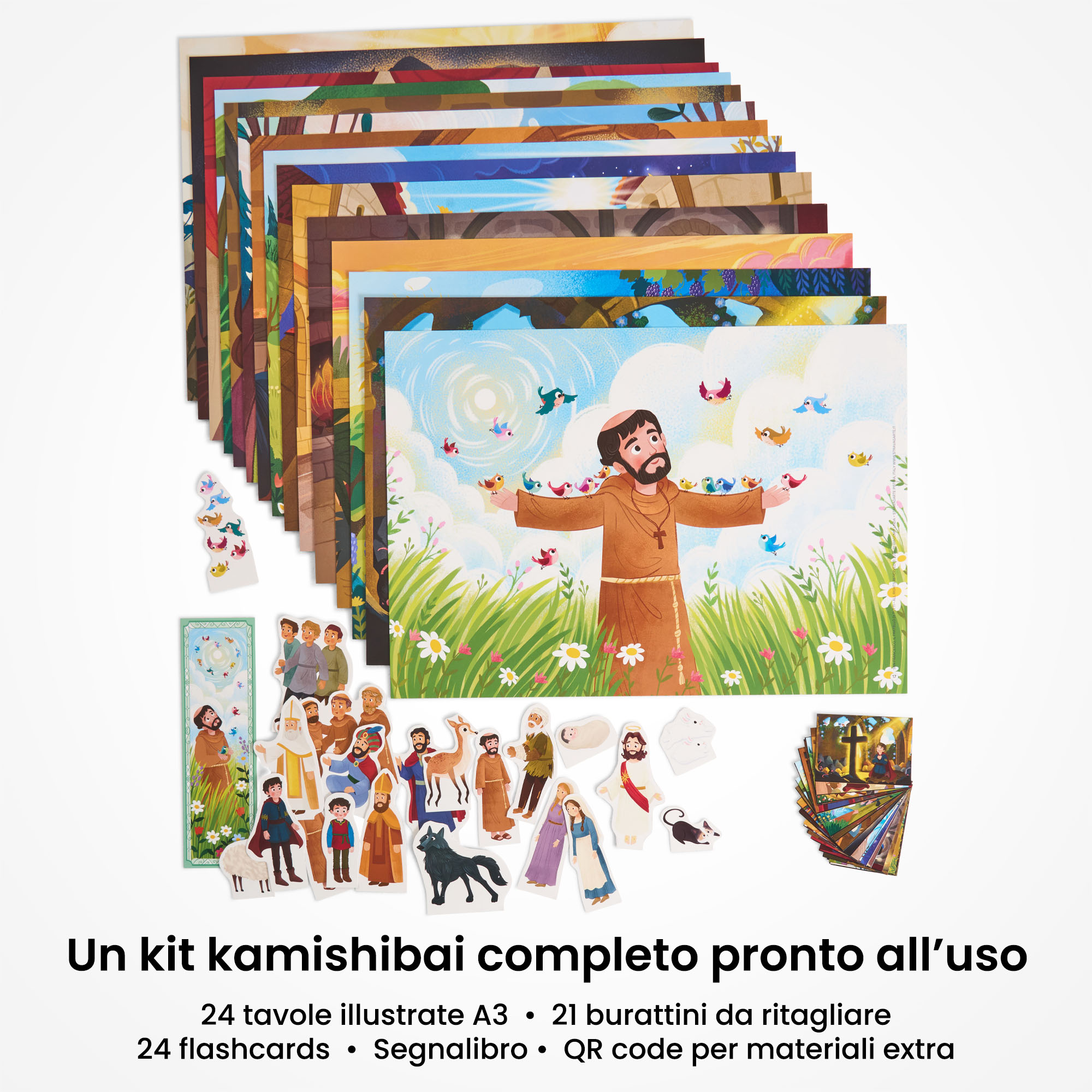 Kamishibai: contenuto del set San Francesco, il Fratello di Tutti - Racconto della Vita Ispirato alle Fonti Francescane: tavole A3, burattini e flashcards.
