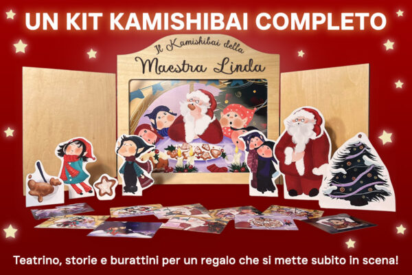 Pacchetto regalo maestra StravagArte con teatrino Kamishibai in legno decorato e personalizzato, manuale illustrato e tre storie bilingue a tema accoglienza e inclusione: Il Topo di Qui e di Là, Le Tre Farfalle e Il Paese di Calzettonia. Confezione regalo pronta e spedizione in 10 giorni lavorativi.