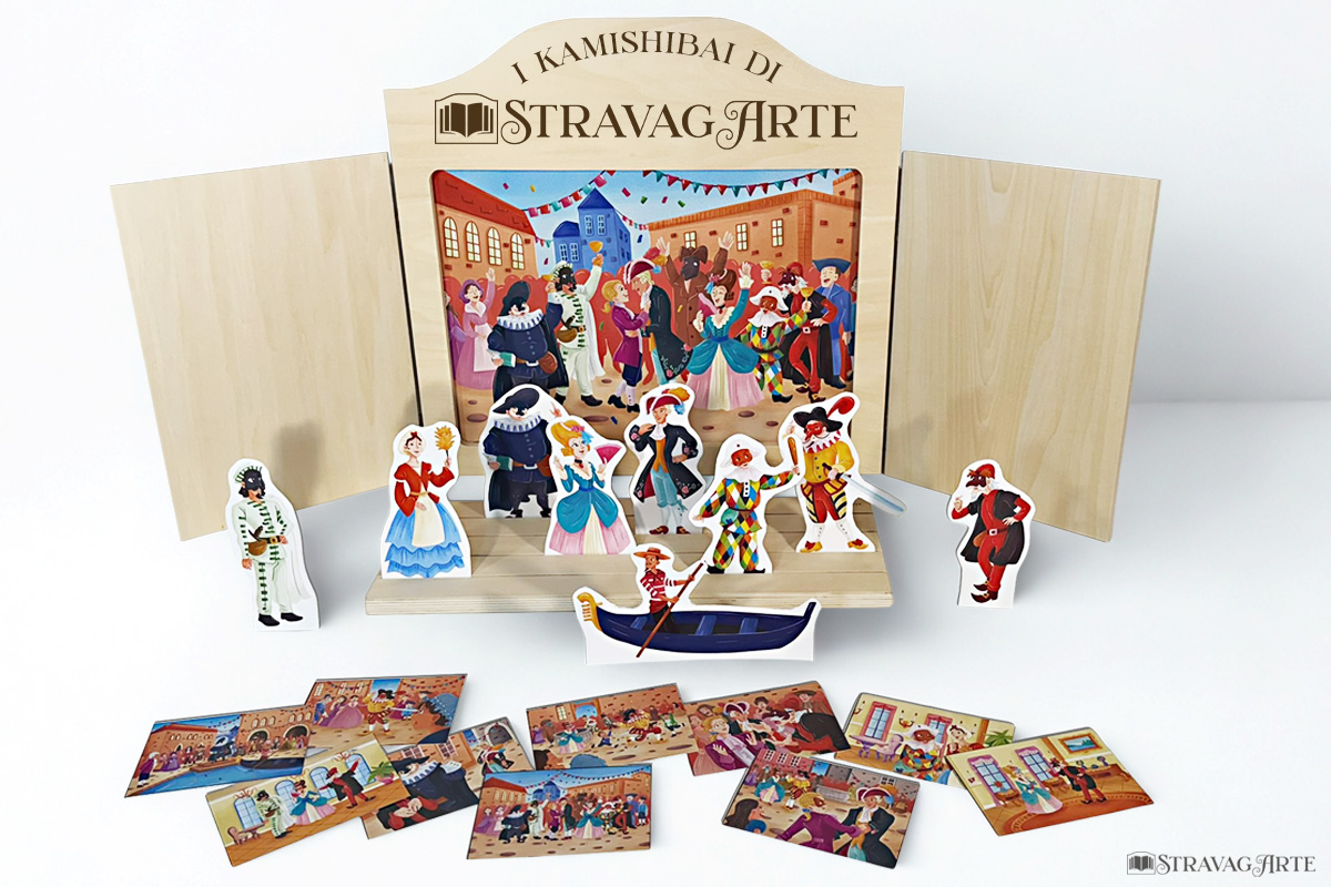 Arlecchino e Colombina e l'Intrigo di Carnevale | Storia kamishibai bilingue italiano/inglese con burattini, flashcards e materiali educativi stampabili - contenuto del kit kamishibai