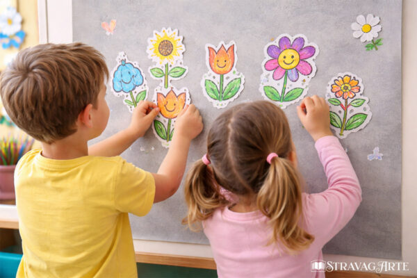 Dettaglio dei fiori colorati dai bambini per il laboratorio didattico sul Giorno della Memoria