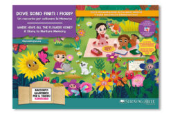 Copertina della storia Kamishibai "Dove sono finiti i fiori?" di StravagArte: una storia kamishibai bilingue che racconta di un rigoglioso giardino fiorito e colorato, ideale per spiegare la Shoah e il Giorno della Memoria ai bambini.
