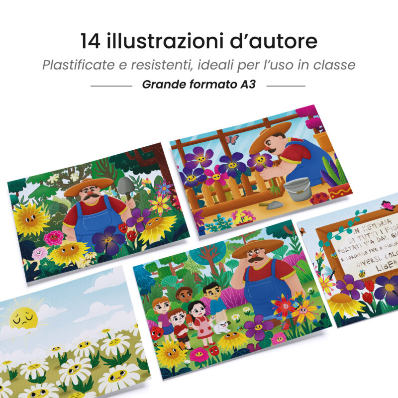 Kamishibai: tavole A3 illustrate per storia Kamishibai Dove Sono Finiti i Fiori? Un Racconto per Coltivare la Memoria .