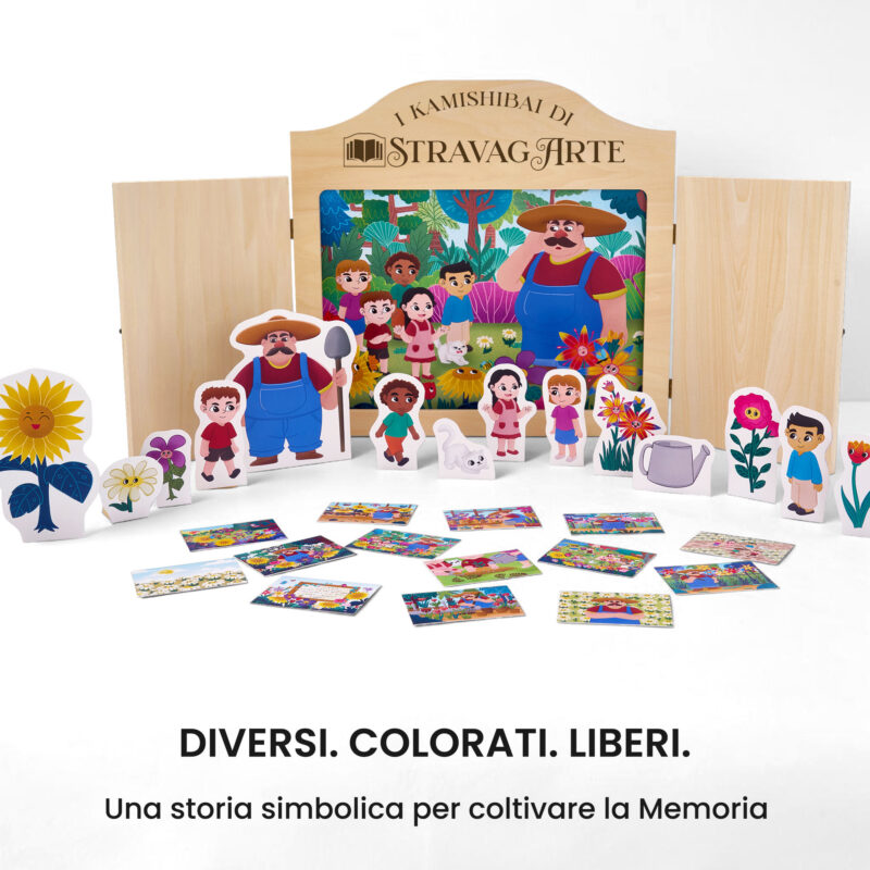 Kamishibai kit Dove Sono Finiti i Fiori? Un Racconto per Coltivare la Memoria con burattini e teatrino butai A3 StravagArte.