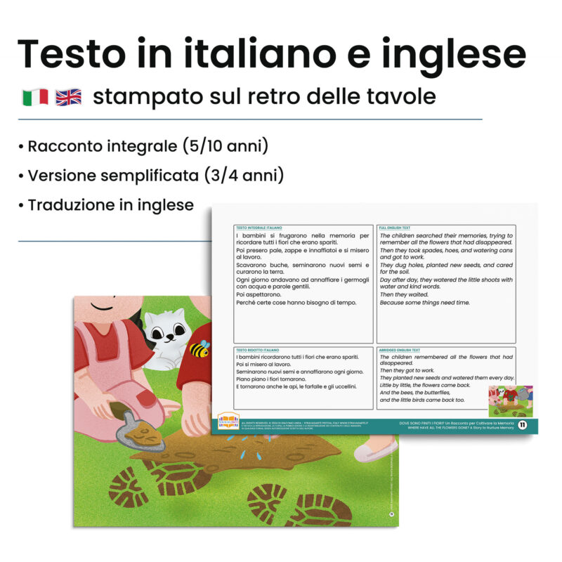 Kamishibai: Retro tavole Dove Sono Finiti i Fiori? Un Racconto per Coltivare la Memoria con testo bilingue italiano inglese.