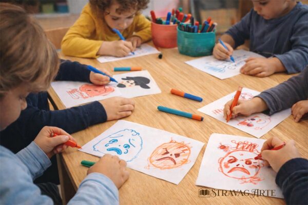 Laboratorio creativo sulle emozioni a scuola: bambini che disegnano le maschere di Carnevale esprimendo gioia, tristezza e rabbia dopo la lettura con il teatrino Kamishibai.