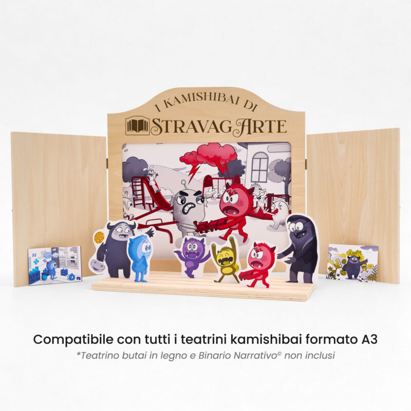 Kamishibai: Tavole A3 Toby e il Giorno Grigio: un’Avventura tra Colori ed Emozioni compatibili teatrino legno.