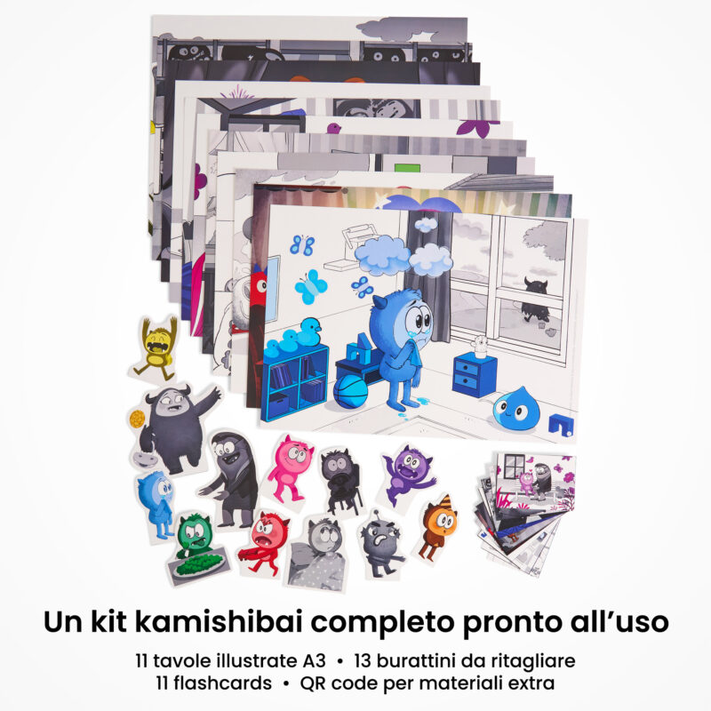 Kamishibai: contenuto del set Toby e il Giorno Grigio: un’Avventura tra Colori ed Emozioni: tavole A3, burattini e flashcards.