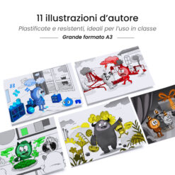 Kamishibai: tavole A3 illustrate per storia Kamishibai Toby e il Giorno Grigio: un’Avventura tra Colori ed Emozioni.