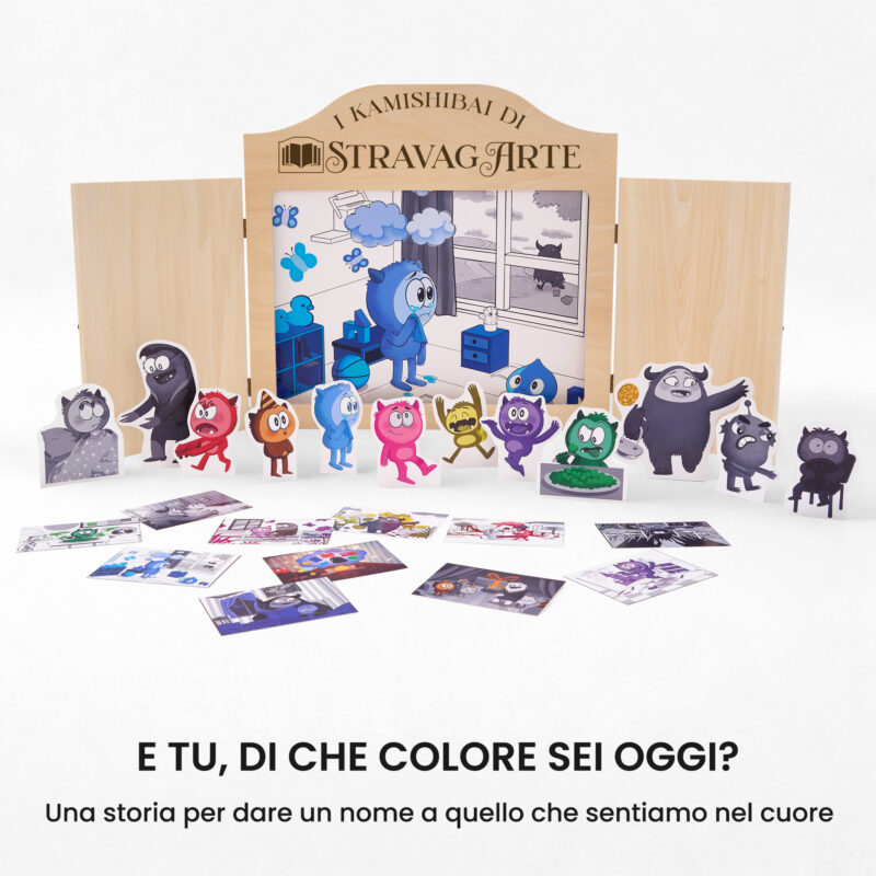 Kamishibai kit Toby e il Giorno Grigio: un’Avventura tra Colori ed Emozioni con burattini e teatrino butai A3 StravagArte.