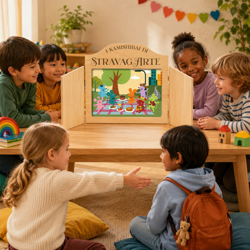 Bambini seduti intorno a un teatrino kamishibai StravagArte con la storia il topo di qui e il topo di là accolgono un nuovo compagno nel gruppo.