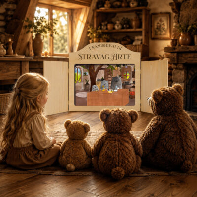 Bambina bionda e tre orsi nella casina del bosco guardano il teatrino kamishibai con illustrazione della storia Riccioli d’Oro e i Tre Orsi.