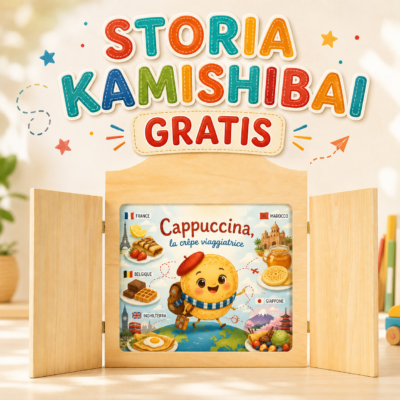 Storia kamishibai gratis Cappuccina la crêpe viaggiatrice nel teatrino kamishibai StravagArte, con illustrazione della storia su cibo, culture del mondo e condivisione.