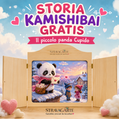 Storia kamishibai gratis Il piccolo panda Cupido nel teatrino kamishibai StravagArte, con illustrazione della storia su amicizia, timidezza, emozioni e gentilezza.