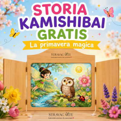 Storia kamishibai gratis La primavera magica con teatrino kamishibai e illustrazione primaverile con fata, gufo, fiori, coccinella, sole e natura.