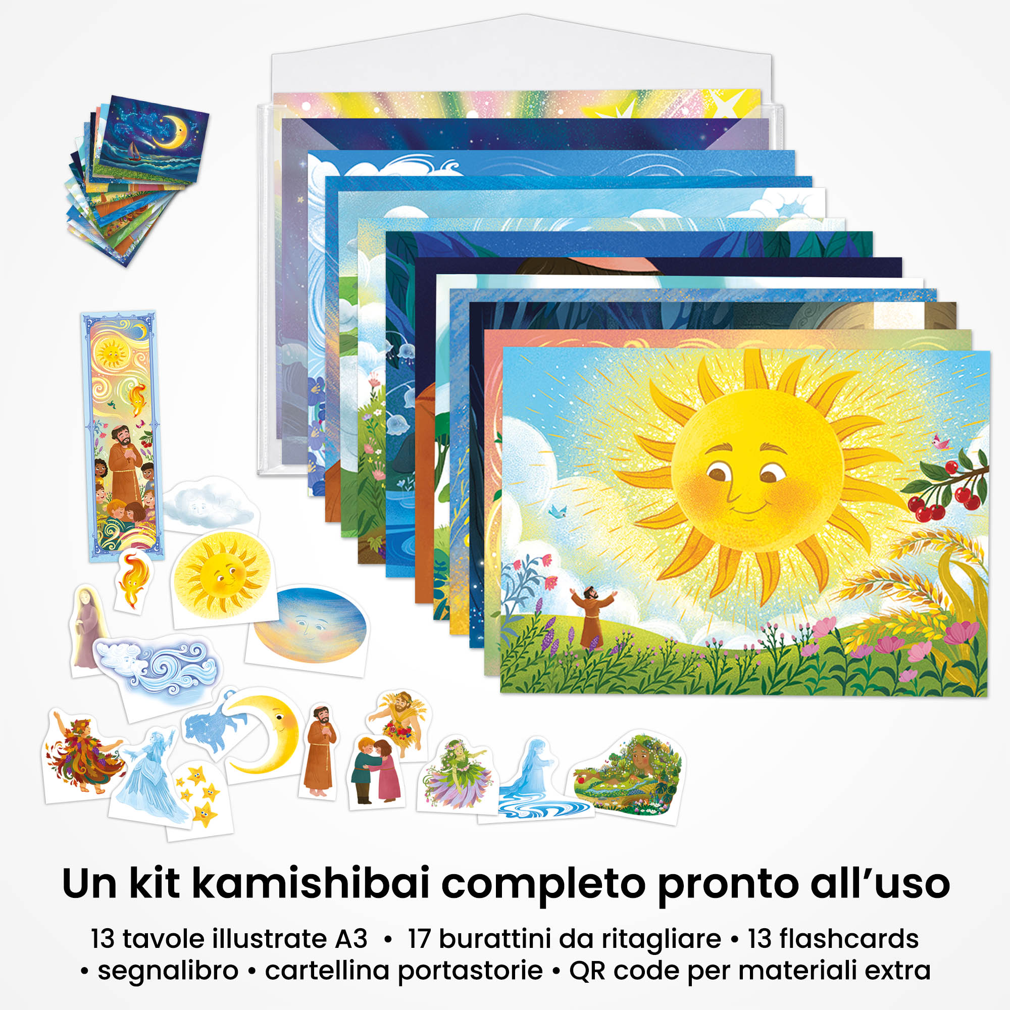 Kamishibai: contenuto del set San Francesco e il Canto del Creato: il Cantico delle Creature raccontato ai bambini: tavole A3, burattini, flashcards, segnalibro e cartellina portastorie.